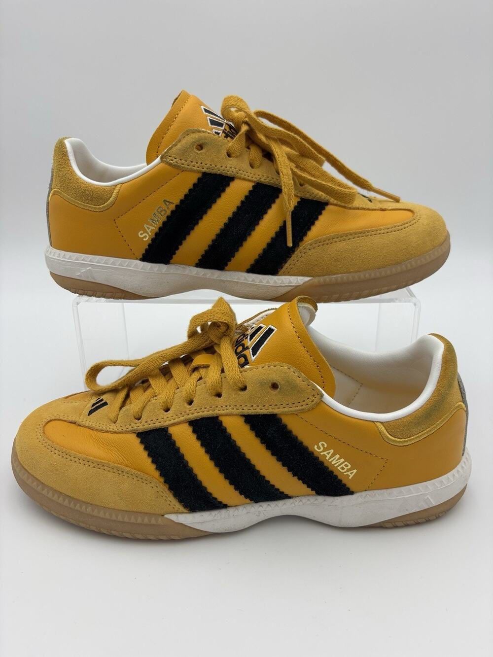 Adidas Samba MN Yellow Leather Suede Black Stripes Womens 9 Mens 7